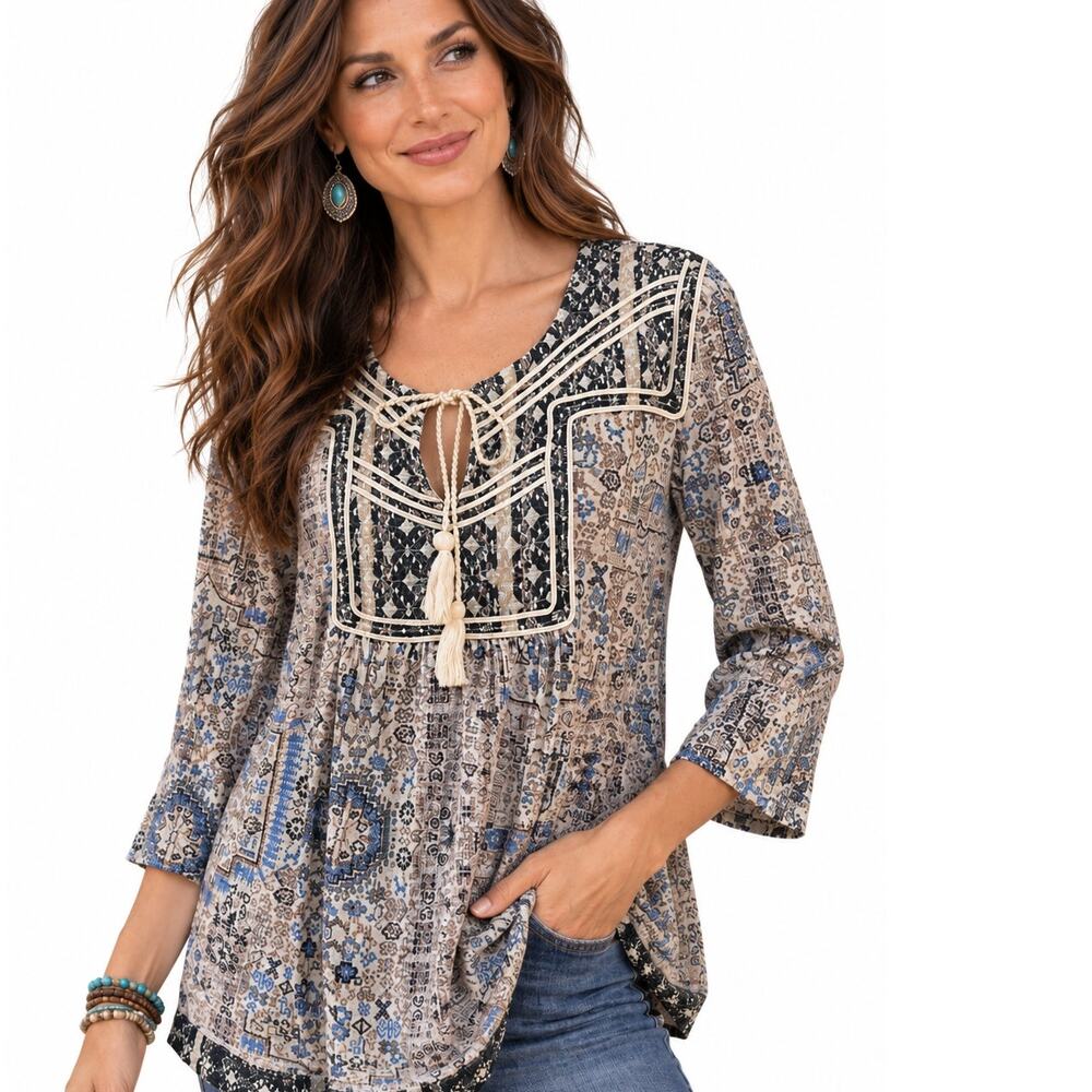 Lucky Brand Aztec Embroidered Top Womens Medium Linen Blend Boho Peasant Tribal
